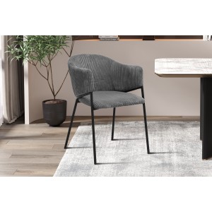 Chaise de salle à manger IMANY – Velours côtelé gris foncé – Accoudoirs – Pieds en métal noir – Style design / industriel
