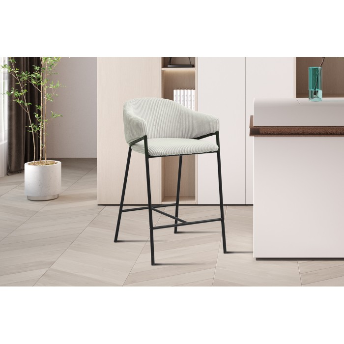 Chaise de salle à manger IMANY – Velours côtelé gris clair – Accoudoirs – Pieds en métal noir – Style design / industriel