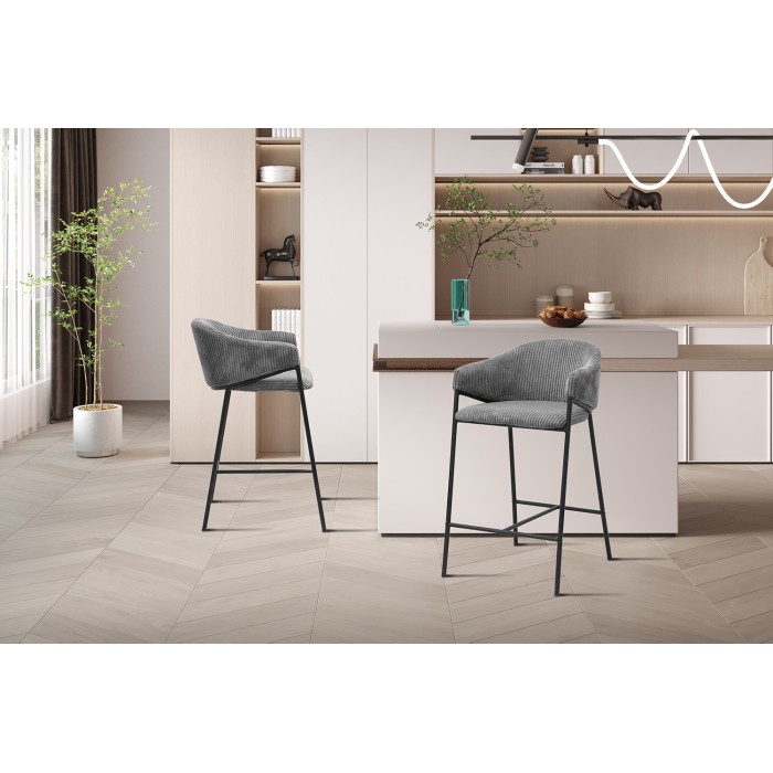 Chaise de comptoir IMANY – Velours côtelé gris foncé – Avec accoudoirs – Pieds en métal noir – Style design/industriel