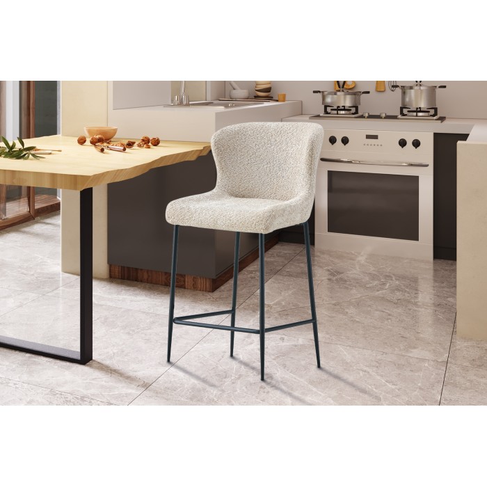 Chaise de comptoir LISE – Tissu bouclé beige – Pieds en métal noir - Style design/industriel