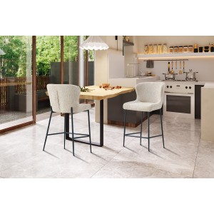Chaise de comptoir LISE – Tissu bouclé beige – Pieds en métal noir - Style design/industriel