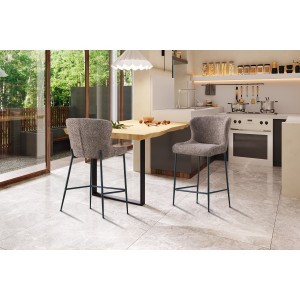 Chaise de comptoir LISE – Tissu bouclé coloris sable – Pieds en métal noir – Style design/industriel