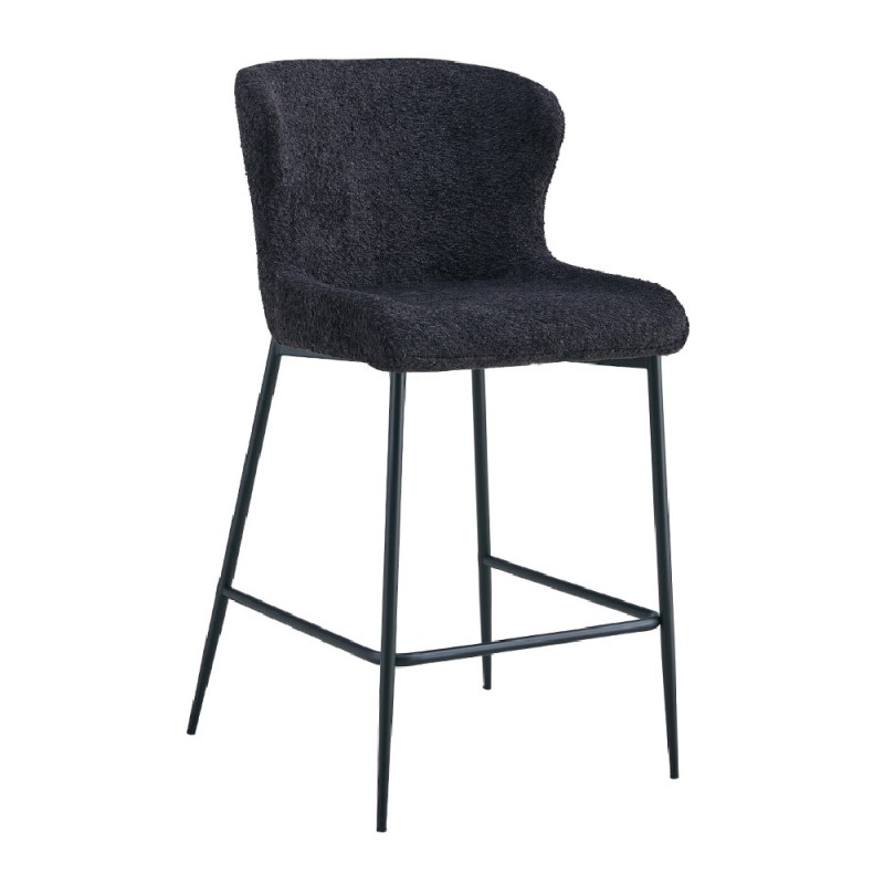 Chaise de comptoir LISE – Tissu bouclé coloris gris foncé – Pieds en métal noir – Style design/industriel