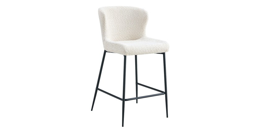 Chaise de comptoir LISE – Tissu bouclé coloris blanc écru – Pieds en métal noir – Style design/industriel