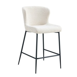 Chaise de comptoir LISE – Tissu bouclé coloris blanc écru – Pieds en métal noir – Style design/industriel
