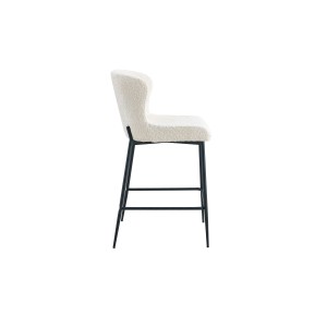 Chaise de comptoir LISE – Tissu bouclé coloris blanc écru – Pieds en métal noir – Style design/industriel