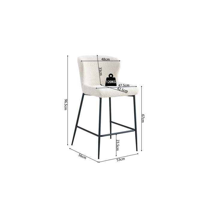 Chaise de comptoir LISE – Tissu bouclé coloris blanc écru – Pieds en métal noir – Style design/industriel