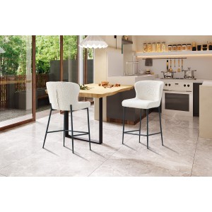 Chaise de comptoir LISE – Tissu bouclé coloris blanc écru – Pieds en métal noir – Style design/industriel