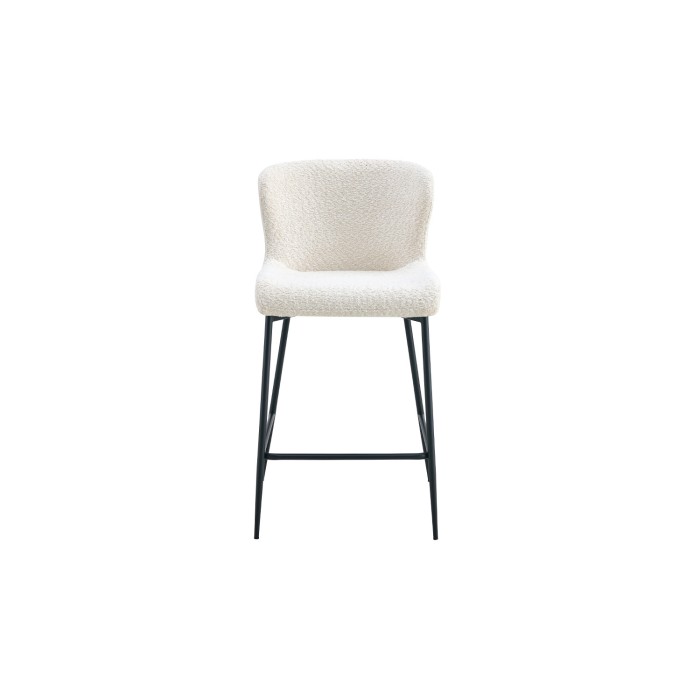 Chaise de comptoir LISE – Tissu bouclé coloris blanc écru – Pieds en métal noir – Style design/industriel