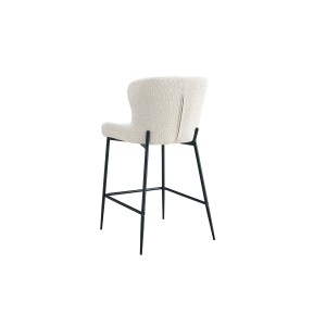 Chaise de comptoir LISE – Tissu bouclé coloris blanc écru – Pieds en métal noir – Style design/industriel