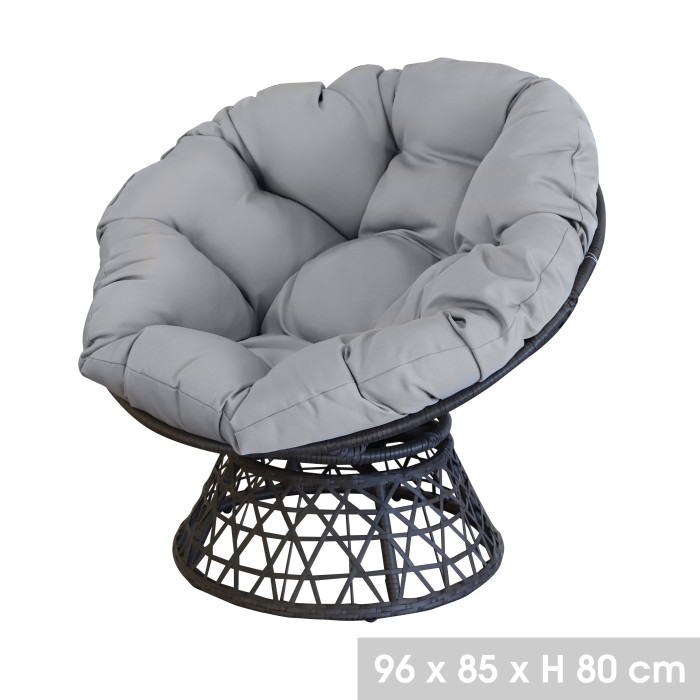 Fauteuil de jardin en résine tressée noire avec coussin gris – 96x85x80 cm – Élégance et confort