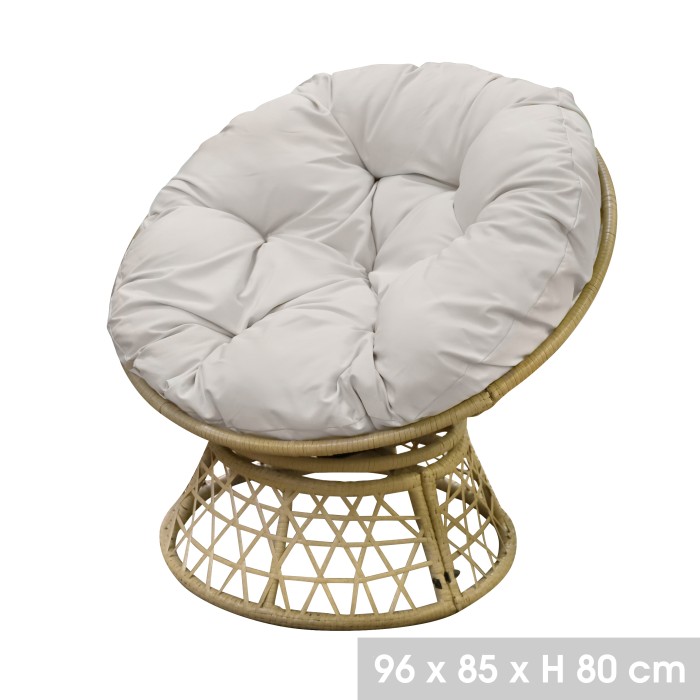Fauteuil de jardin en résine tressée beige avec coussin gris clair – 96x85x80 cm – Élégance et confort