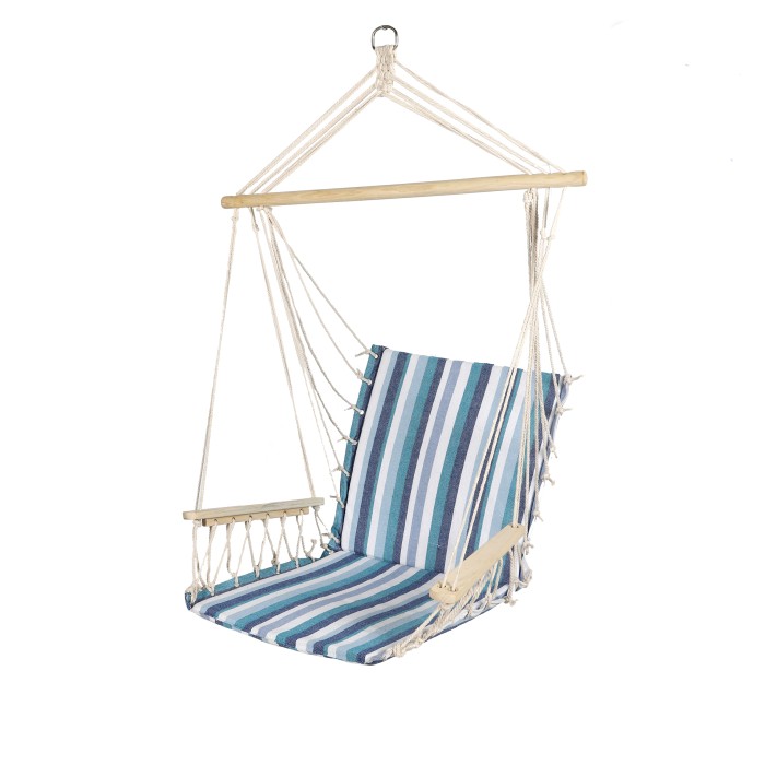 Fauteuil de jardin à suspendre en bois avec accoudoirs – 60x60x100 cm – Bleu et blanc – Élégance et confort