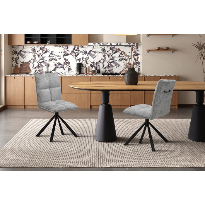 Chaise de salle à manger pivotante DANIEL – Tissu coloris gris clair – Pieds en métal noir – Style design/industriel