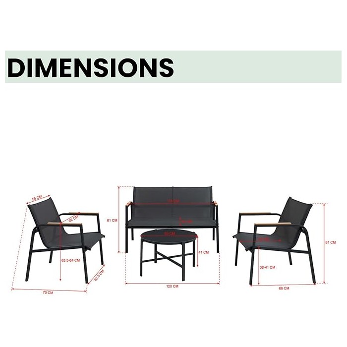 Salon de jardin 4 places – Métal gris anthracite et textilène – Table en verre – Élégance et confort