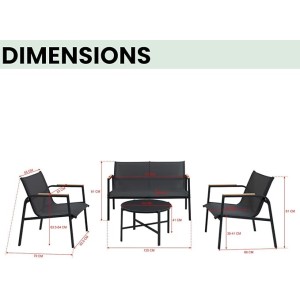 Salon de jardin 4 places – Métal vert olive et textilène – Table en verre – Élégance et confort