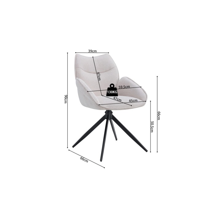 Chaise de salle à manger pivotante MOOREA – Tissu beige – Pieds en métal noir – Hauteur 90 cm – Style design/industriel