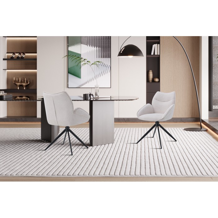 Chaise de salle à manger pivotante MOOREA – Tissu beige – Pieds en métal noir – Hauteur 90 cm – Style design/industriel