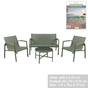 Salon de jardin 4 places – Métal vert olive et textilène – Table en verre – Élégance et confort