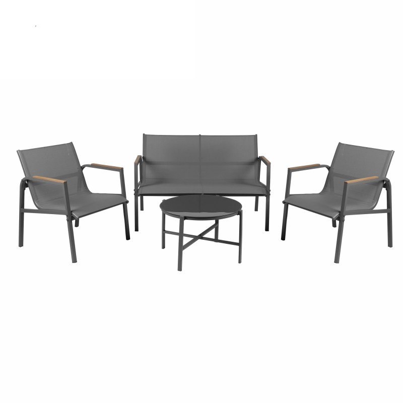 Salon de jardin 4 places – Métal gris anthracite et textilène – Table en verre – Élégance et confort