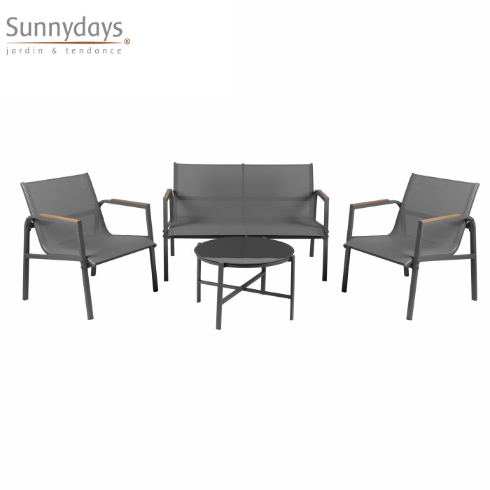 Salon de jardin 4 places – Métal gris anthracite et textilène – Table en verre – Élégance et confort
