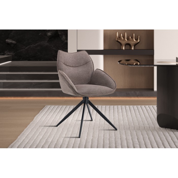Chaise de salle à manger pivotante MOOREA – Tissu marron – Pieds en métal noir – Hauteur 90 cm – Style design/industriel