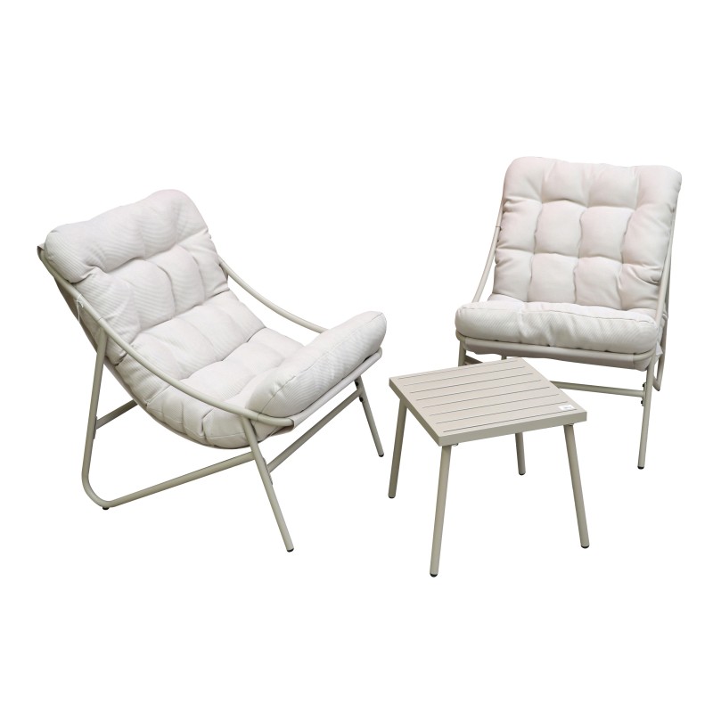 Salon de jardin 2 places – Beige avec coussins blancs – 2 fauteuils + table d’appoint