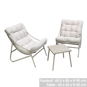 Salon de jardin 2 places – Beige avec coussins blancs – 2 fauteuils + table d’appoint