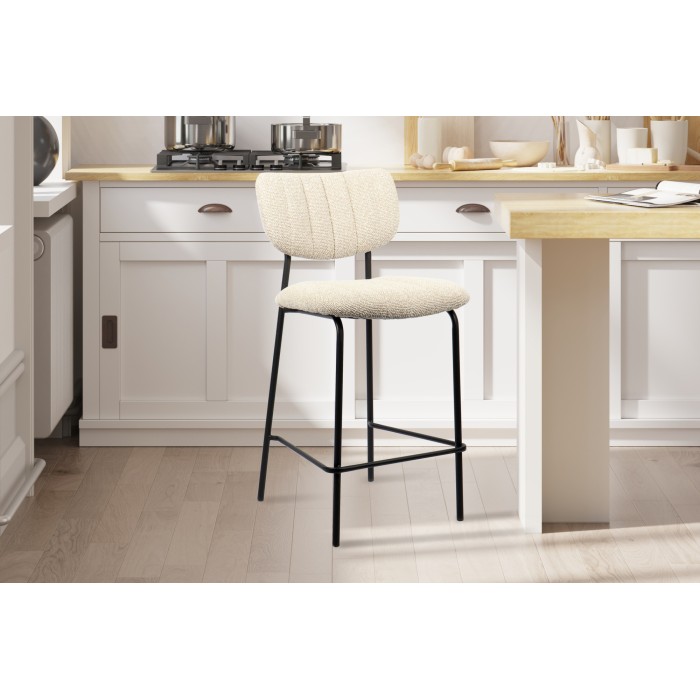 Chaise de comptoir VENTURA – Tissu beige – Pieds en métal noir – Hauteur 97 cm – Style design/industriel