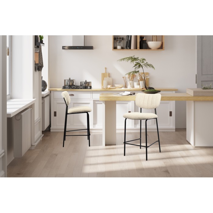 Chaise de comptoir VENTURA – Tissu beige – Pieds en métal noir – Hauteur 97 cm – Style design/industriel