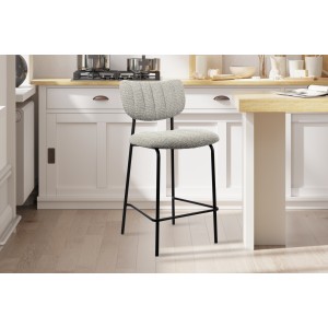 Chaise de comptoir VENTURA – Tissu gris clair – Pieds en métal noir – Hauteur 97 cm – Style design/industriel