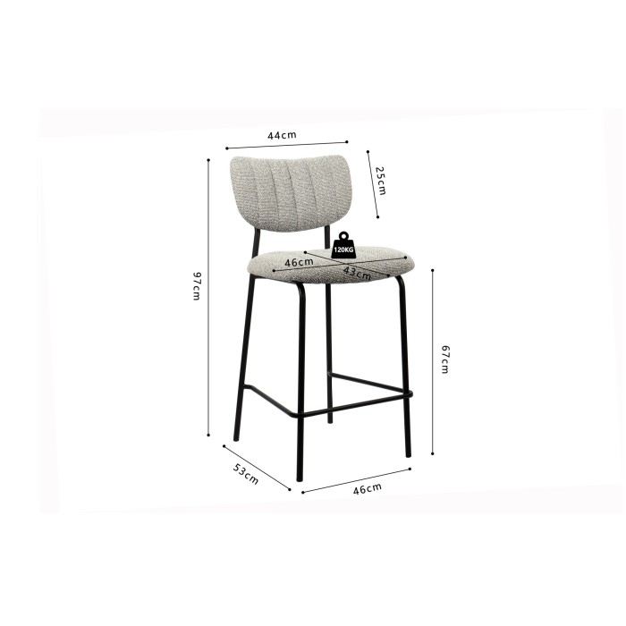 Chaise de comptoir VENTURA – Tissu gris clair – Pieds en métal noir – Hauteur 97 cm – Style design/industriel