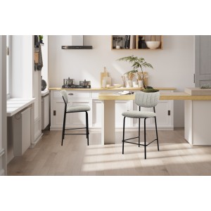 Chaise de comptoir VENTURA – Tissu gris clair – Pieds en métal noir – Hauteur 97 cm – Style design/industriel