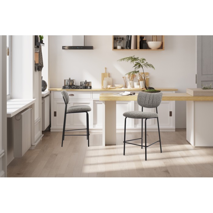 Chaise de comptoir VENTURA – Tissu gris foncé – Pieds en métal noir – Hauteur 97 cm – Style design/industriel