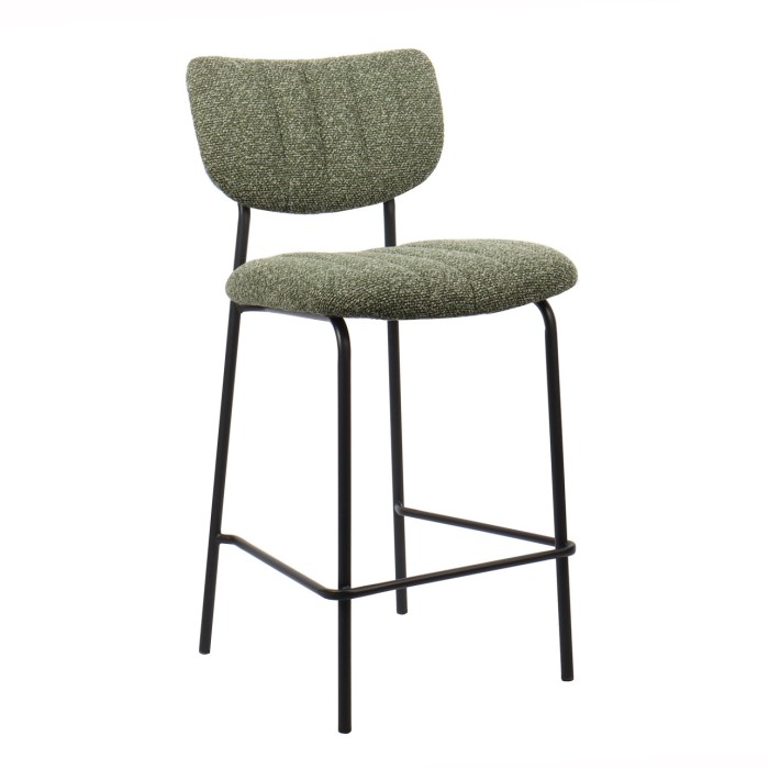 Chaise de comptoir VENTURA – Tissu vert sauge – Pieds en métal noir – Hauteur 97 cm – Style design/industriel