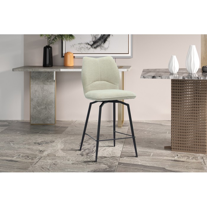 Chaise de comptoir pivotante CROFT – Tissu écru – Pieds en métal noir – Hauteur 103 cm – Style design/industriel