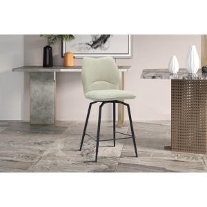 Chaise de comptoir pivotante CROFT – Tissu écru – Pieds en métal noir – Hauteur 103 cm – Style design/industriel