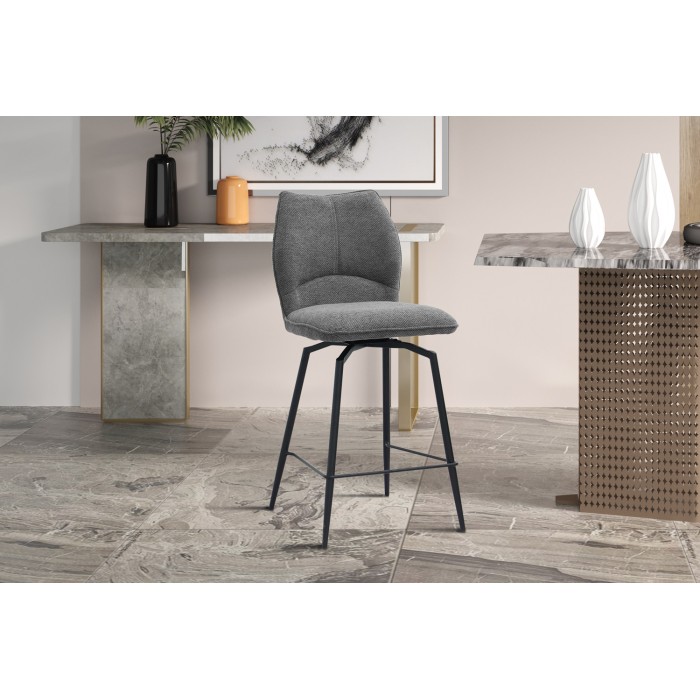Chaise de comptoir pivotante CROFT – Tissu gris foncé – Pieds en métal noir – Hauteur 103 cm – Style design/industriel