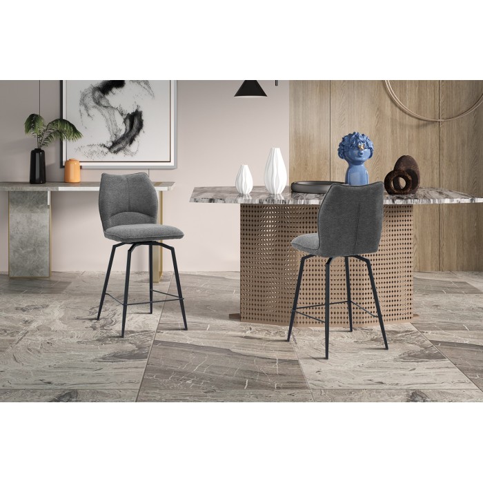 Chaise de comptoir pivotante CROFT – Tissu gris foncé – Pieds en métal noir – Hauteur 103 cm – Style design/industriel
