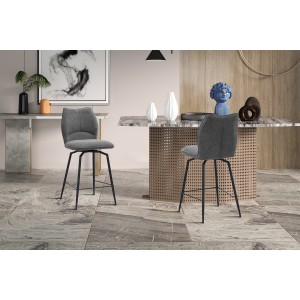 Chaise de comptoir pivotante CROFT – Tissu gris foncé – Pieds en métal noir – Hauteur 103 cm – Style design/industriel