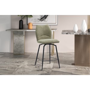 Chaise de comptoir pivotante CROFT – Tissu beige sable – Pieds en métal noir – Hauteur 103 cm – Style design/industriel