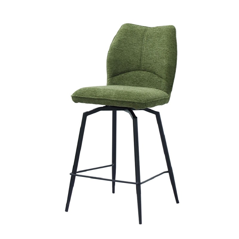 Chaise de comptoir pivotante CROFT – Tissu vert – Pieds en métal noir – Hauteur 103 cm – Style design/industriel