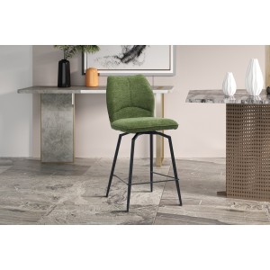 Chaise de comptoir pivotante CROFT – Tissu vert – Pieds en métal noir – Hauteur 103 cm – Style design/industriel