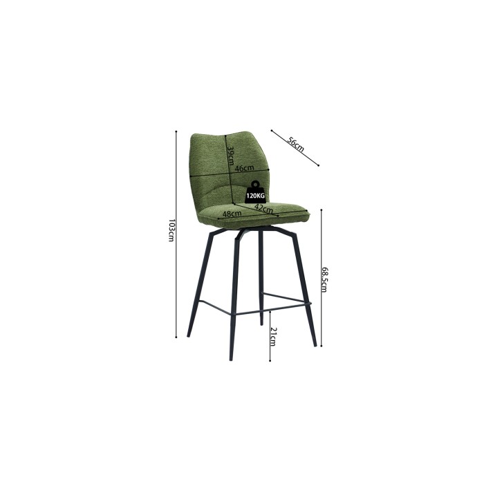 Chaise de comptoir pivotante CROFT – Tissu vert – Pieds en métal noir – Hauteur 103 cm – Style design/industriel