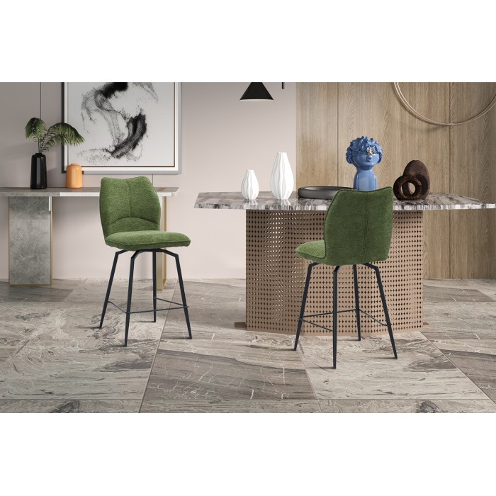 Chaise de comptoir pivotante CROFT – Tissu vert – Pieds en métal noir – Hauteur 103 cm – Style design/industriel