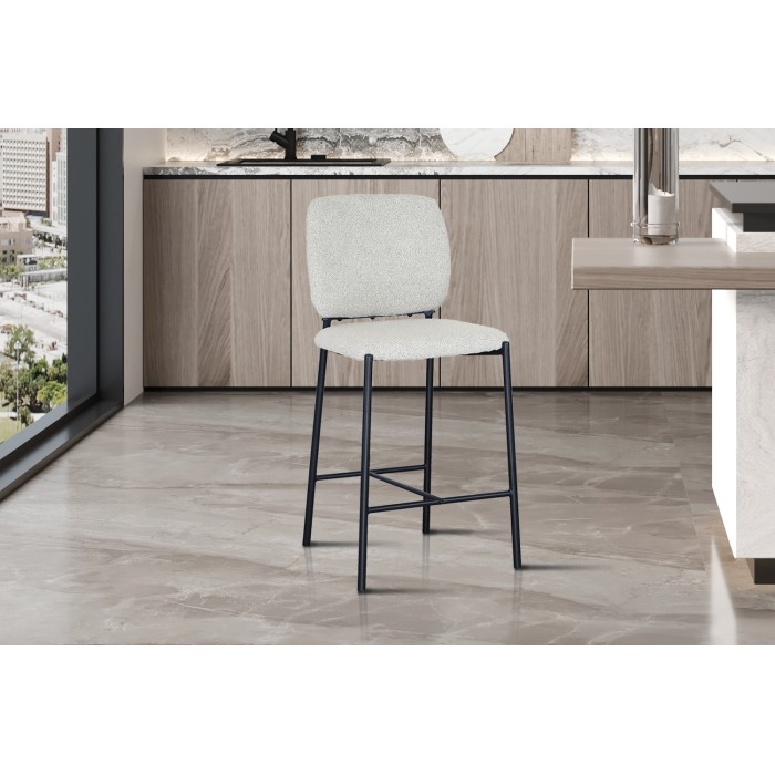 Chaise de comptoir RITA – Tissu beige – Pieds en métal noir – Hauteur 99 cm – Style design/industriel