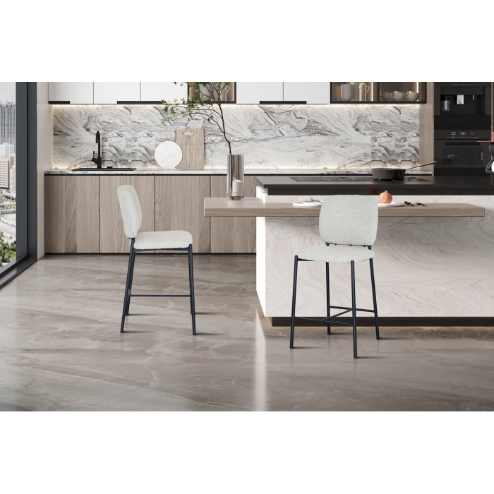 Chaise de comptoir RITA – Tissu beige – Pieds en métal noir – Hauteur 99 cm – Style design/industriel