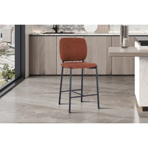 Chaise de comptoir RITA – Tissu marron rouille – Pieds en métal noir – Hauteur 99 cm – Style design/industriel