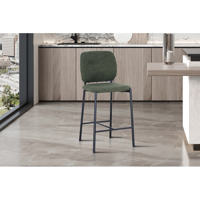 Chaise de comptoir RITA – Tissu vert – Pieds en métal noir – Hauteur 99 cm – Style design/industriel