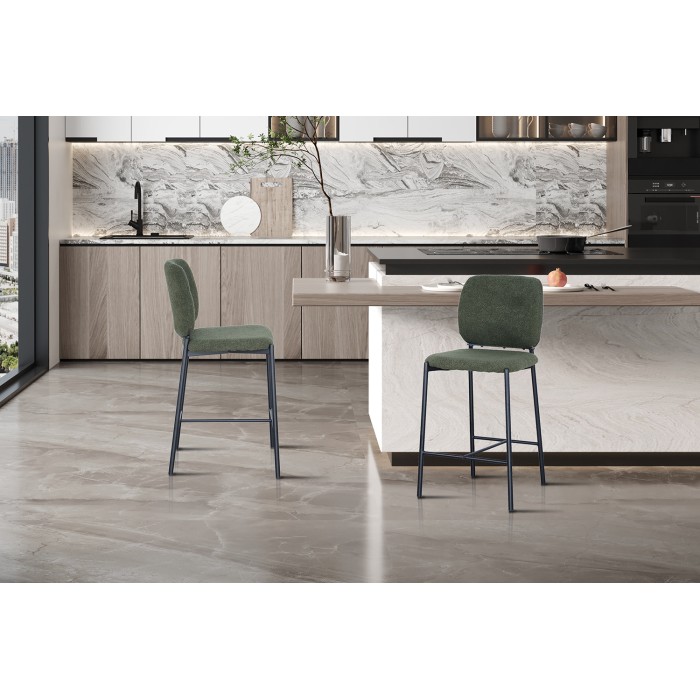 Chaise de comptoir RITA – Tissu vert – Pieds en métal noir – Hauteur 99 cm – Style design/industriel